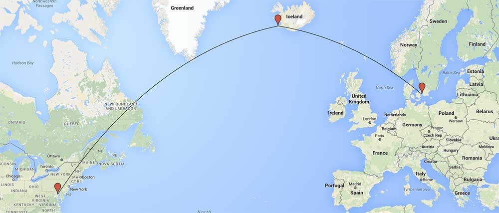 Flight route from Baltimore to Copenhagen