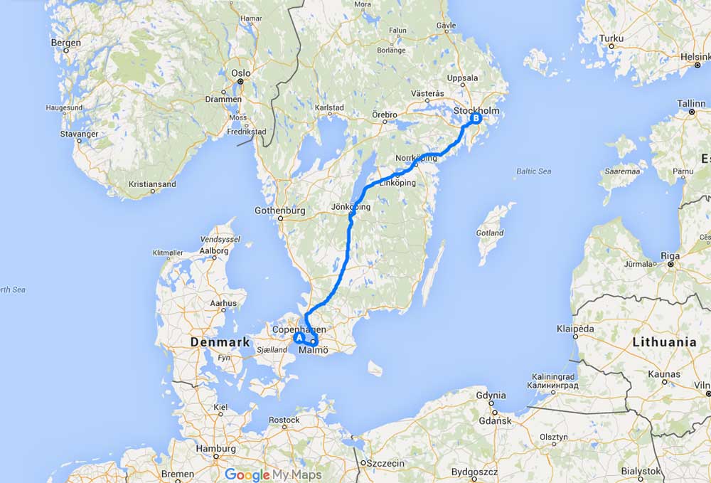 Train route from Copenhagen to Stockholm