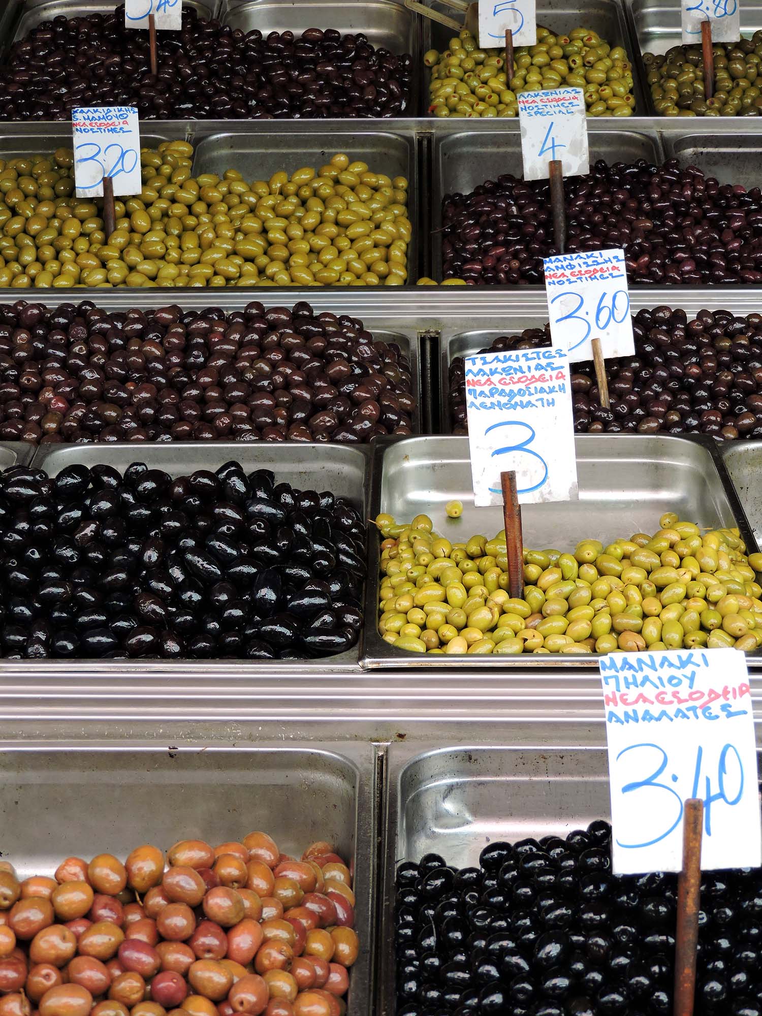 Impressive olive selection at Greek market