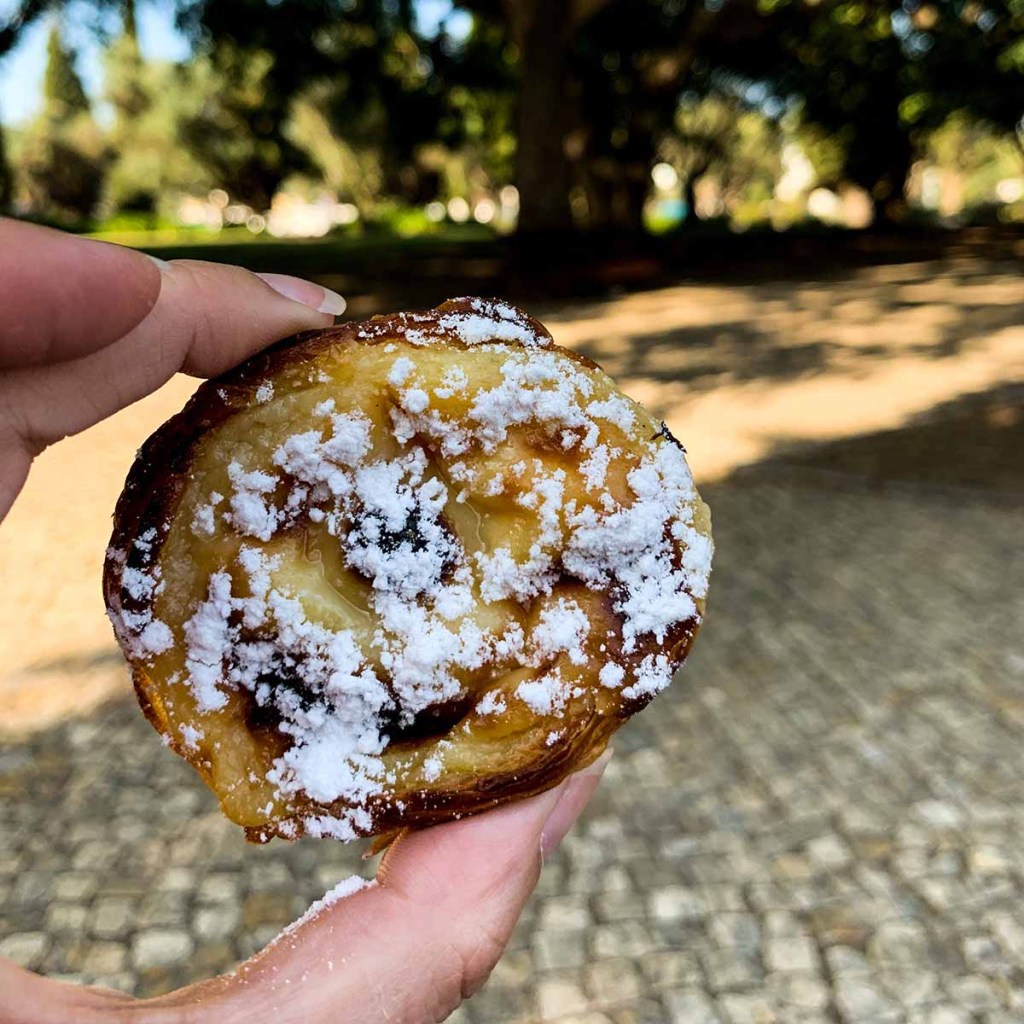 This image features a hand holding a pastel de nata, a traditional Portuguese custard tart dusted with powdered sugar, set against a blurred outdoor background of cobblestones and trees. The crispy, golden pastry with its creamy center highlights the delicious texture and iconic look of this beloved Lisbon treat. The dappled sunlight adds a warm, inviting feel to the scene.