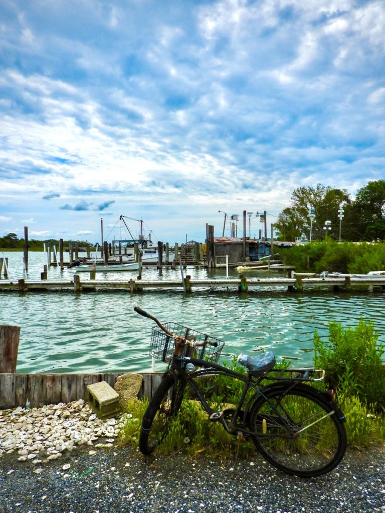 A weathered bicycle with a front basket is parked on a gravel path beside a calm marina, featuring wooden docks and several moored boats. The sky is filled with scattered clouds, adding a serene and slightly overcast atmosphere to the picturesque waterfront scene.