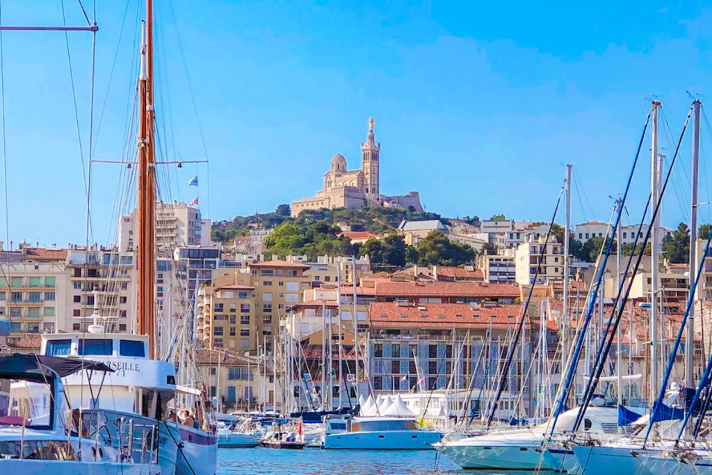 Bell tower atop hill in Marseilles, France