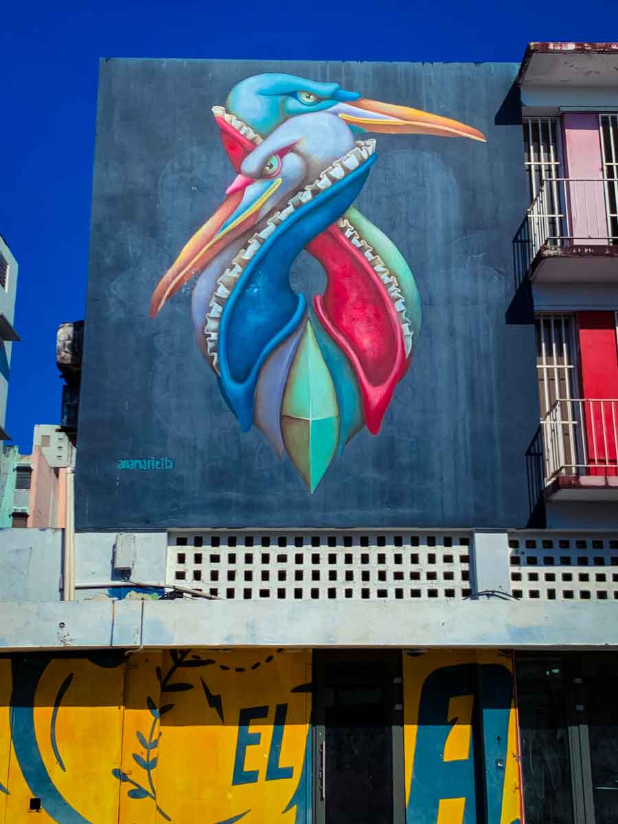 This image displays a striking mural of two intertwined royal cranes, their necks and bodies forming a symmetrical and somewhat abstract shape. The pelicans are depicted in vibrant colors—one in shades of blue and the other in red—with their beaks and eyes creating a sharp, intense look. The artwork is painted on the side of a building, with a deep blue background that contrasts with the bright colors of the birds. Below the mural, there is another artwork featuring the word "EL" in large yellow letters, but the focus remains on the intricate and captivating depiction of the pelicans above.