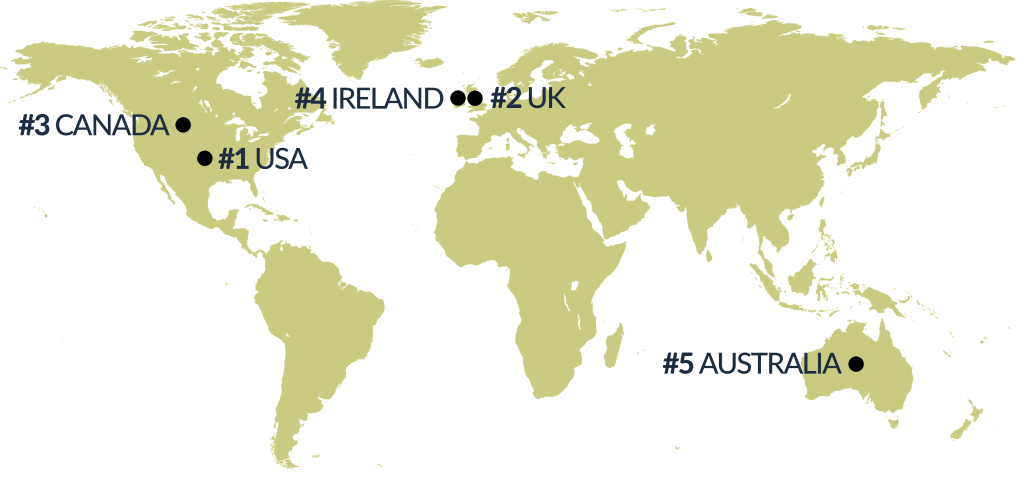 global map with Global Debauchery's top five English speaking traffic producing countries - USA, UK, Canada, Ireland, and Australia