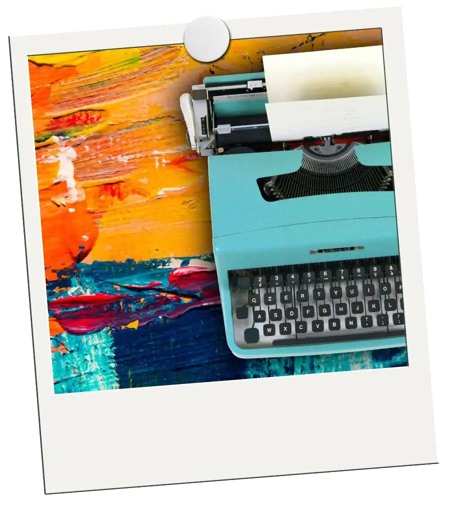 Polaroid with a turquoise typewriter with a bold multi-colored painted background for Global Debauchery The Blog header