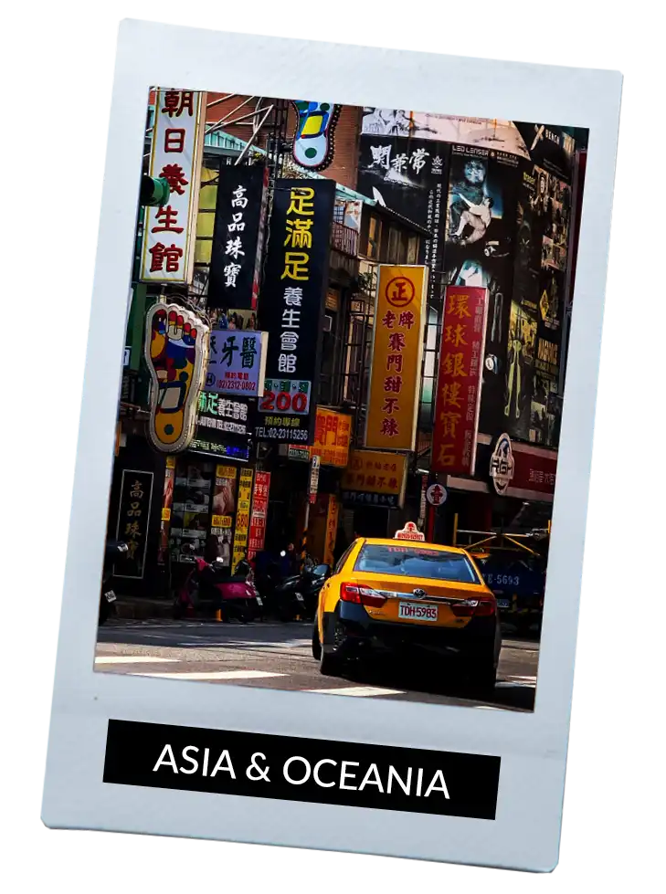 Destination Polaroid with "Asia & Oceania" text overlay 