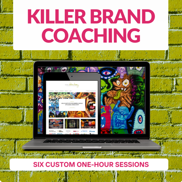 Global Debauchery's Killer Brand Coaching displayed on a laptop against a green brick painted wall