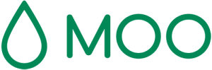 Dark green Moo logo with raindrop icon on left and text on right
