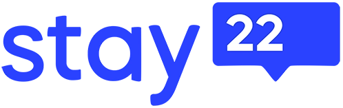 Stay 22 logo in blue with text on left and a quote box on the right containing the number 22