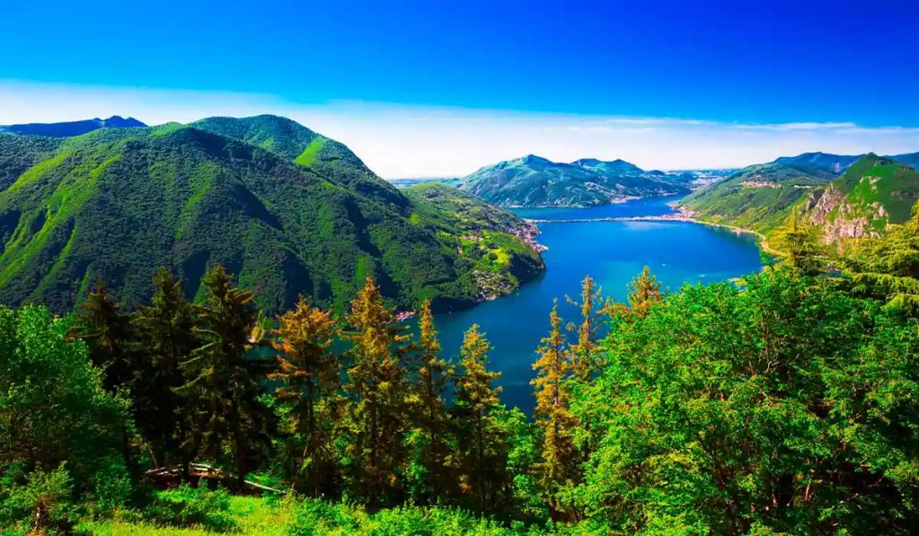 A panoramic view from Monte San Salvatore in Lugano, Switzerland, overlooking the lush green mountains and the sparkling blue waters of Lake Lugano. Tall pine trees frame the foreground, with distant villages and a winding bridge visible along the shoreline under a vibrant, clear sky.